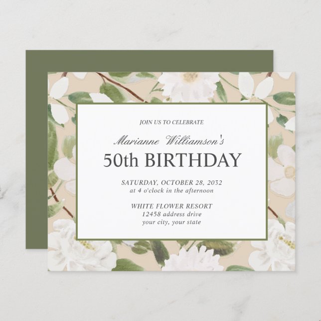 Budget 50th Birthday Feminine White Flowers Ivory (Front/Back)