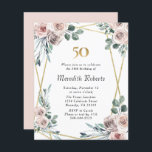 Budget 50th Birthday Floral Gold Party Invite<br><div class="desc">Budget 50th Birthday Dusty Rose Floral Eucalyptus Gold Party Invitation... Our affordable boho style 50th Birthday party invitation features dusty pink roses and eucalyptus greenery arrangements on a gold metallic foil geometric frame bordering your personalised invitation text. Above the invitation text is a gold number 50 graphic adding to the...</div>