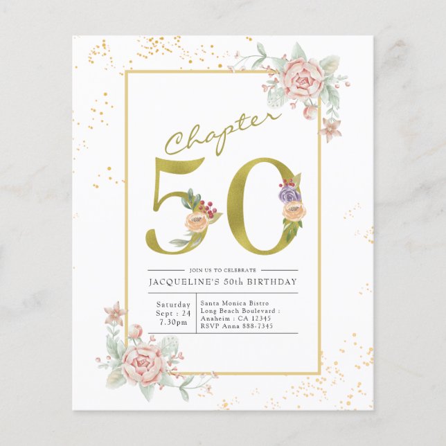 Budget 50th Birthday Floral Gold Script Invitation Flyer (Front)