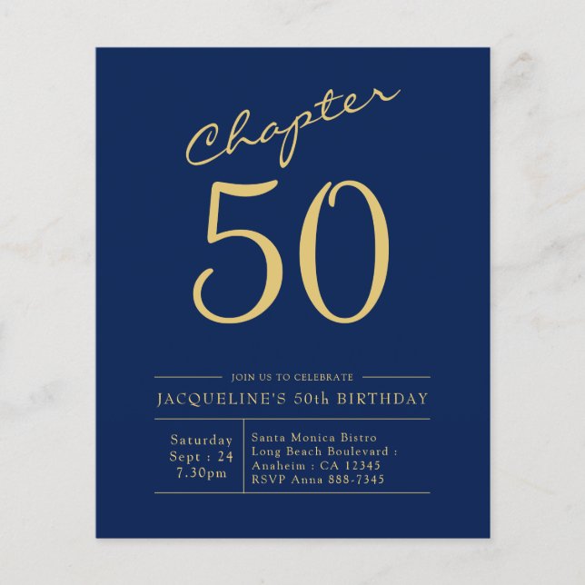 Budget 50th Birthday Invitation Navy Blue Flyer (Front)