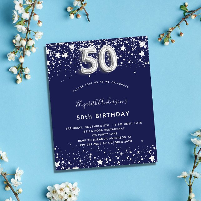 Budget 50th birthday navy blue silver invitation (Creator Uploaded)