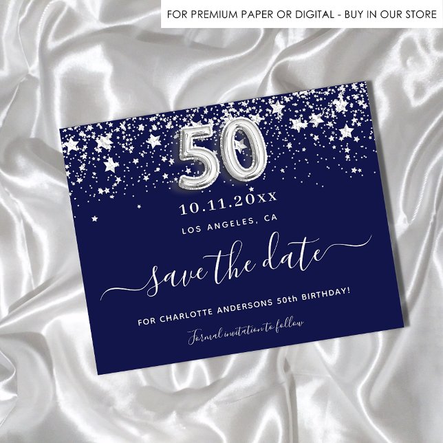 Budget 50th birthday navy blue silver save date (Creator Uploaded)