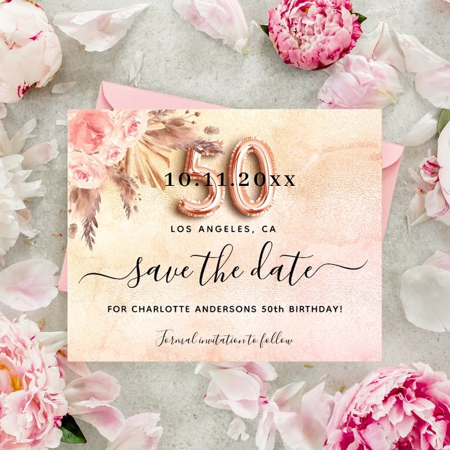 Budget 50th birthday pampas rose save the date (Creator Uploaded)