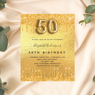 Budget 50th birthday party gold glitter invitation