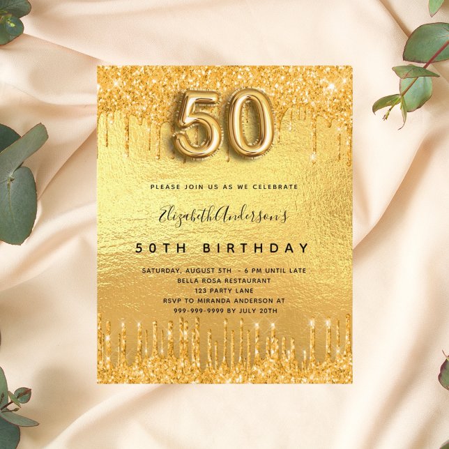 Budget 50th birthday party gold glitter invitation (Creator Uploaded)
