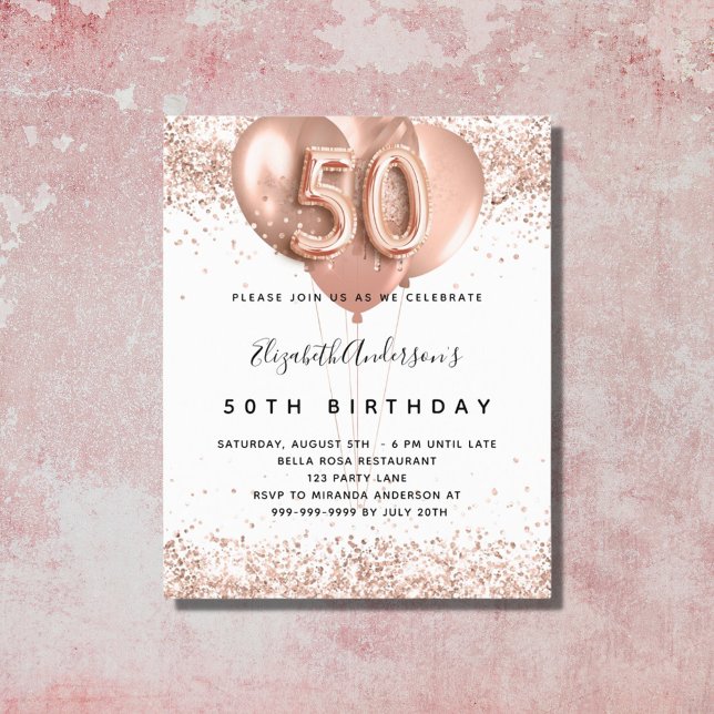 Budget 50th birthday rose gold balloons invitation (Creator Uploaded)