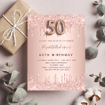 Budget 50th Birthday rose gold glitter invitation<br><div class="desc">A modern, stylish and glamourous invitation for a 50th birthday party. A faux rose gold metallic looking background with an elegant faux rose gold glitter drip, paint drip look. The name is written with a modern dark rose gold coloured hand lettered style script. Personalise and add your party details. Number...</div>