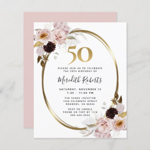 Budget 50th Birthday Roses and Gold Party Invite