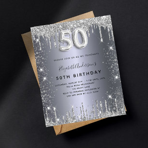 Budget 50th birthday silver glitter invitation
