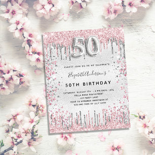 Budget 50th birthday silver pink invitation