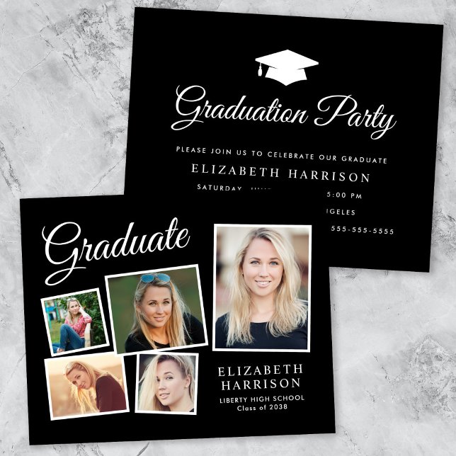 Budget 5 Photo Black Graduation Party Invitation (A personalized photo graduation party invitation to celebrate the graduate's achievements)