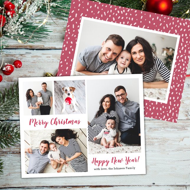 Budget 5 Photo Red Script Christmas Holiday Cards (Creator Uploaded)