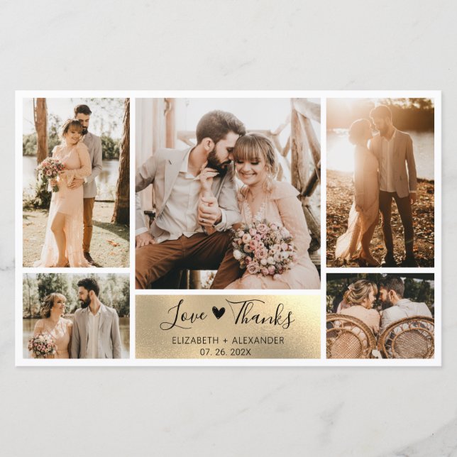 Budget 5 Photos Gold Foil Wedding Thank You Card (Front)