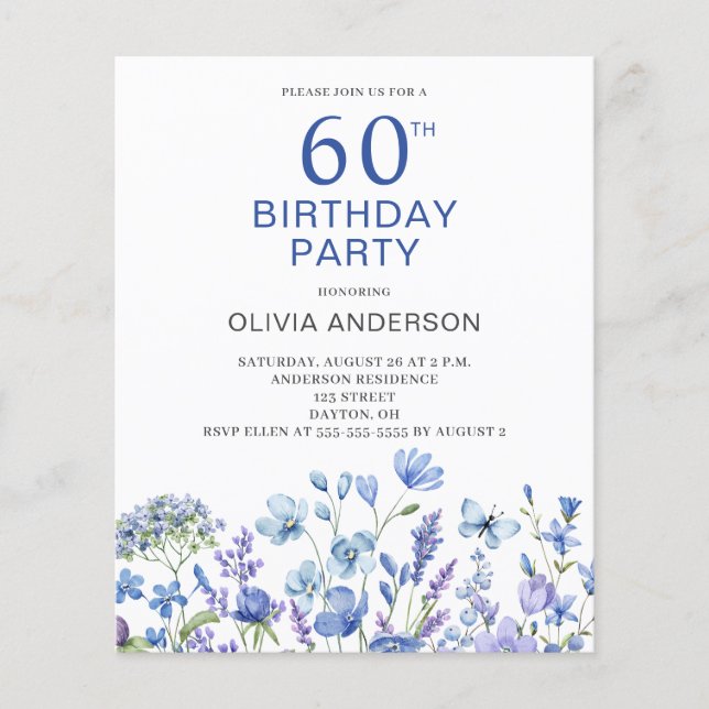 Budget 60th Birthday Blue Floral Invitation Flyer (Front)