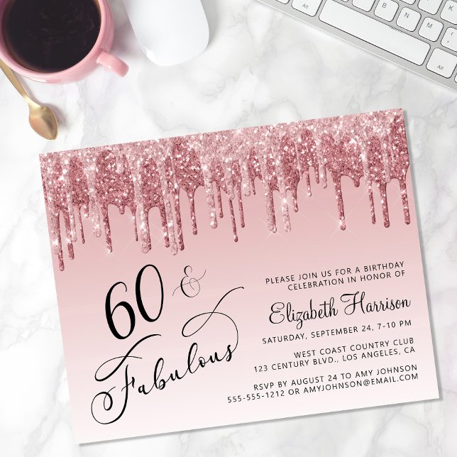 Budget 60th Birthday Glitter Rose Gold Pink Invite (Creator Uploaded)