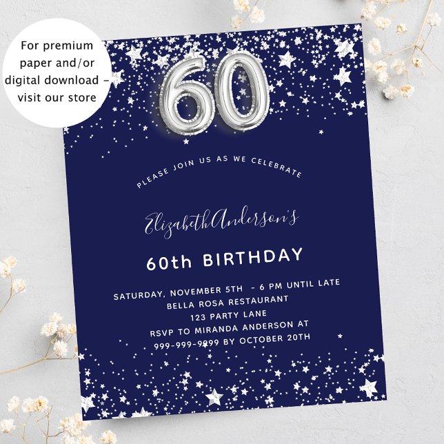 Budget 60th birthday navy blue silver invitation (Creator Uploaded)