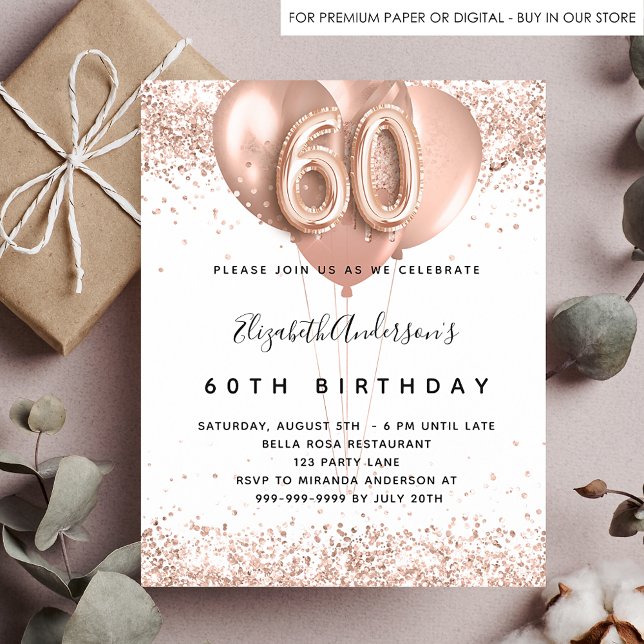Budget 60th birthday rose gold balloons invitation (Creator Uploaded)