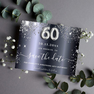 Budget 60th birthday silver glitter save the date