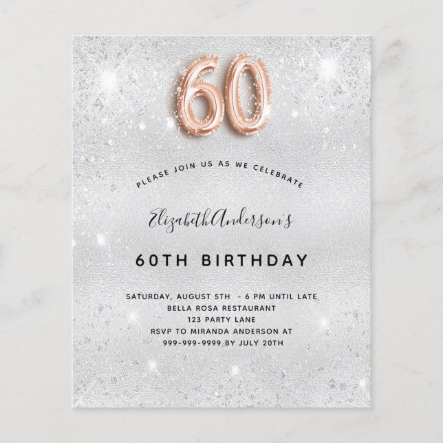Budget 60th birthday silver rose gold invitation (Front)