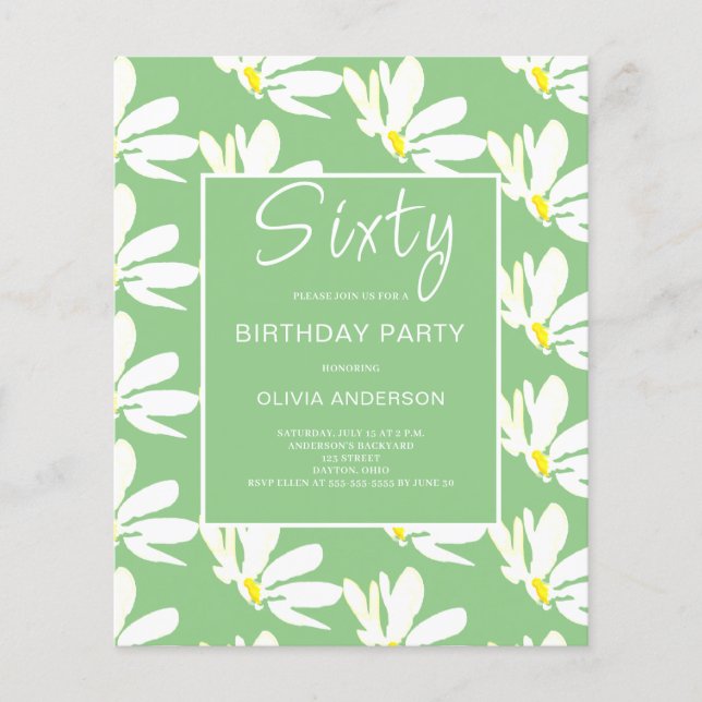 Budget 60th Birthday White Floral Invitation Flyer (Front)