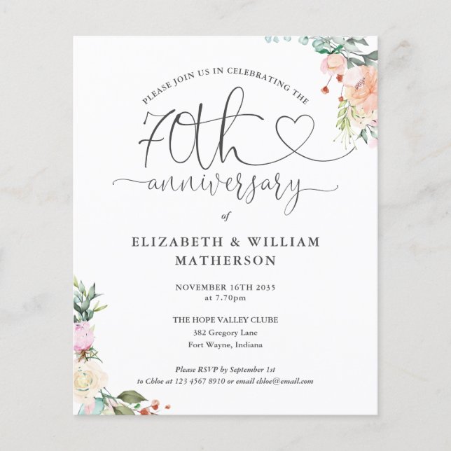 Budget 70th Anniversary Heart Floral Invitation (Front)