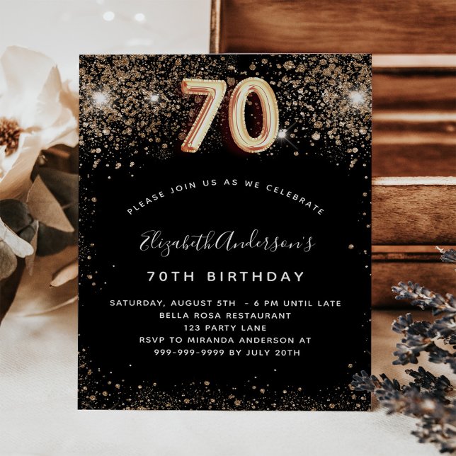 Budget 70th birthday black gold glitter invitation (Creator Uploaded)