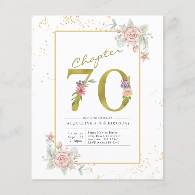 Budget 70th Birthday Floral Gold Script Invitation Flyer (Front)