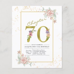 Budget 70th Birthday Floral Gold Script Invitation Flyer