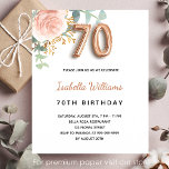 Budget 70th birthday floral rose gold eucalyptus<br><div class="desc">An elegant invitation for a 70th birthday party. A chic white background. Decorated with a rose gold and blush pink watercolored rose flower, floral, green eucalyptus leaves, sprigs, greenery and faux gold sprigs. Personalise and the name and party details. Black and golden letters. The name is written with a modern...</div>