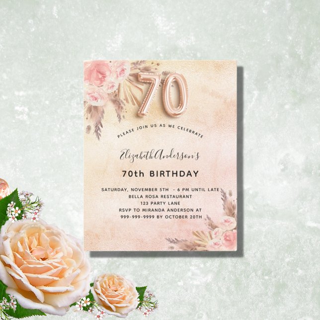 Budget 70th birthday pampas grass rose invitation (Creator Uploaded)
