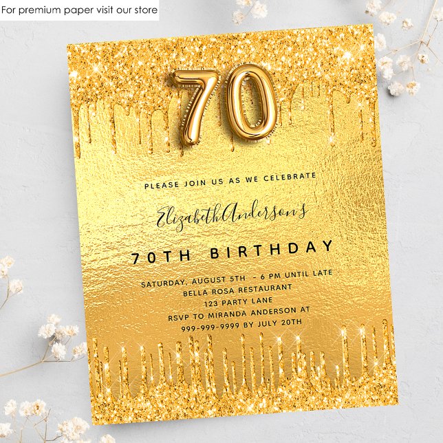 Budget 70th birthday party gold glitter invitation (Creator Uploaded)
