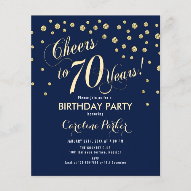 Budget 70th Birthday Party - Gold Navy Invitation Flyer (Front)