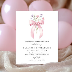 BUDGET 70th Birthday Pink Bow Wildflower Invite