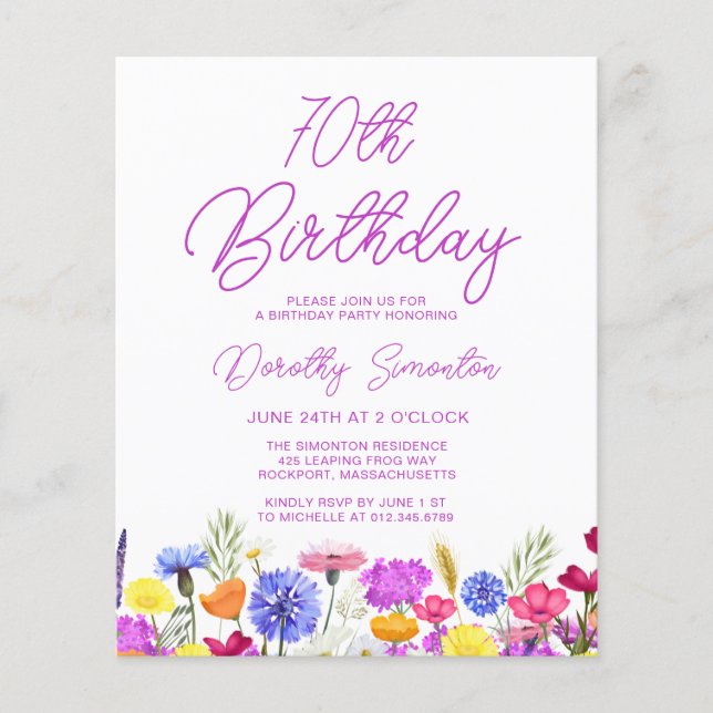 BUDGET 70th Birthday Purple Wildflower Invitation (Front)