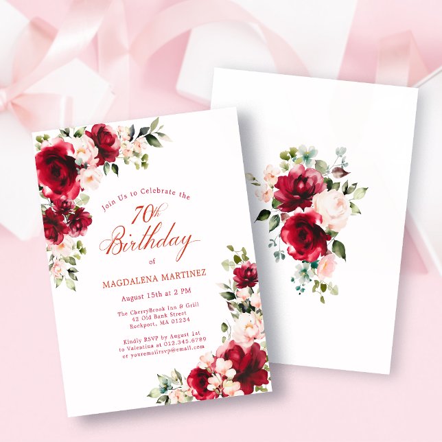 BUDGET 70th Birthday Red Pink Rose Invitation (Creator Uploaded)