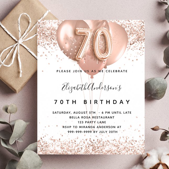 Budget 70th birthday rose gold balloons invitation (Creator Uploaded)