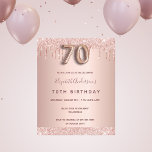 Budget 70th birthday rose gold glitter invitation<br><div class="desc">A modern, stylish and glamourous invitation for a 70th birthday party. A faux rose gold metallic looking background with an elegant faux rose gold glitter drip, paint drip look. The name is written with a modern dark rose gold coloured hand lettered style script. Personalise and add your party details. Number...</div>