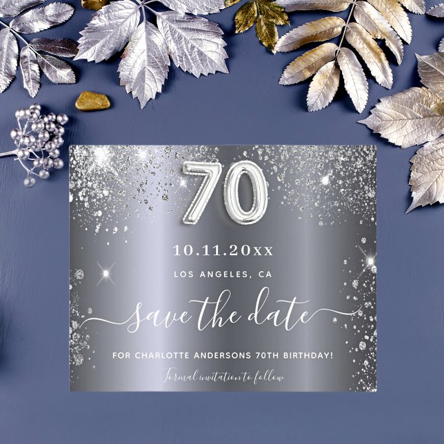 Budget 70th birthday silver glitter save the date (Creator Uploaded)