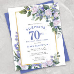 Budget 70th Birthday Surprise Party Invitation<br><div class="desc">Honour a special woman with this elegant and feminine Budget 70th Birthday Surprise Party invitation. Surprise and 70th are written in large blue text. Birthday Celebration follows. The honoured guest's name is also in blue capital letters. The birthday celebration details are surrounded by a chic gold frame. The blue flowers...</div>