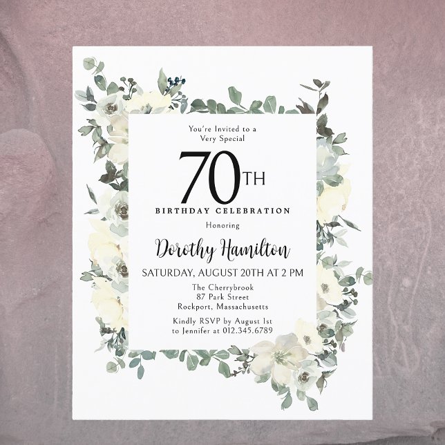 Budget 70th Birthday White Floral Invitation (Creator Uploaded)