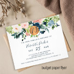 Budget 70th floral birthday party Invitation Flyer<br><div class="desc">Peach cream, blush pink, ivory and navy blue bohemian pastel flowers bouquets with sage green greenery foliage and a round faux metallic gold copper glitter circle making a modern glam horizontal BUDGET affordable feminine seventieth milestone seventy and fabulous / any age birthday party invitation FLYER with a trendy chic fully...</div>