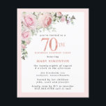 Budget 70th Surprise Birthday Pink Floral Invite<br><div class="desc">Soft blush pink frame with an elegant pink rose floral arrangement in the upper left corner. 70th is written in a beautiful rose gold texture. Pretty and feminine design.</div>