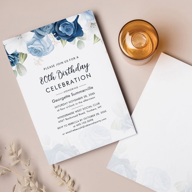 Budget 80 Birthday Dusty Blue Floral Party Invite (Dusty Blue Floral 80th Birthday Party Invitation)