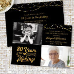 Budget 80th Birthday 2 Photos Retro Invitation<br><div class="desc">A budget-friendly 80th birthday invitation printed on 4.5x6.25-inch lightweight 110 lb semi-gloss paper instead of cardstock featuring in your choice of colours (shown in black and gold) featuring 2 photos, a retro gold typography design announcing 80 YEARS IN THE MAKING which incorporates his or her birth year within the design...</div>