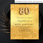 Budget 80th birthday party gold glitter invitation<br><div class="desc">A modern, stylish and glamourous invitation for a 80th birthday party. A faux gold metallic looking background with faux glitter drips, paint dripping look. The name is written with a modern hand lettered style script. Personalise and add your party details. Number 80 is written with a balloon style font, script....</div>