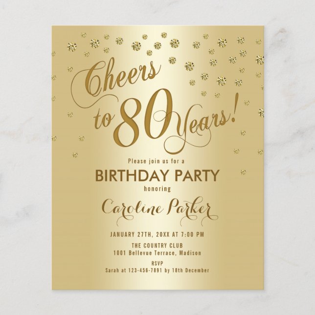 Budget 80th Birthday Party - Gold Invite Flyer (Front)