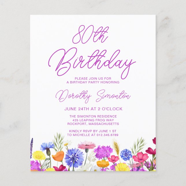 BUDGET 80th Birthday Purple Wildflower Invitation (Front)