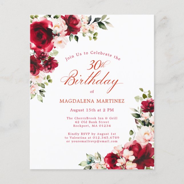 BUDGET 80th Birthday Red Pink Floral Invitation (Front)