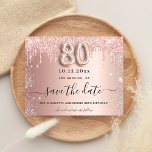 Budget 80th birthday rose glitter save the date<br><div class="desc">A girly and trendy Save the Date card for a 80th birthday party. Rose gold gradient background decorated with rose gold and faux silver glitter drips. Personalise and add a date and name/text. The text: Save the Date is written with a large trendy hand lettered style script with swashes. Number...</div>