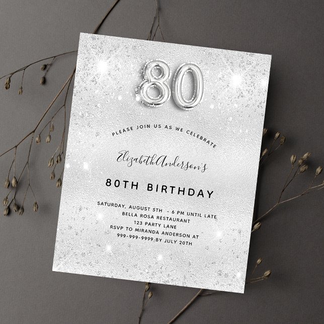 Budget 80th birthday silver glitter invitation (Creator Uploaded)